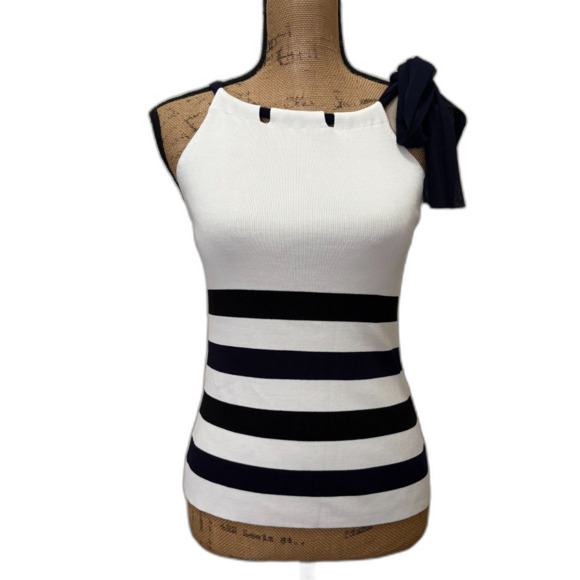 Etcetera High Neck Tie Tank Nautical Sailor Stripe White Navy Blue Size Small - Picture 1 of 4